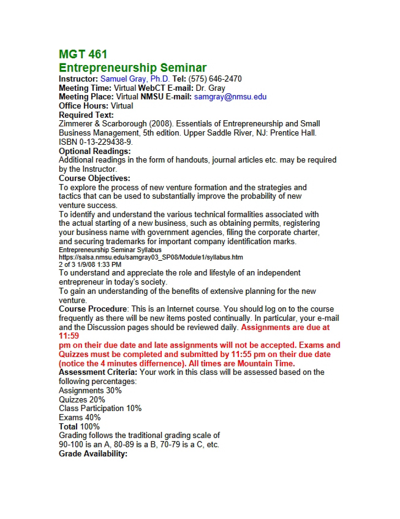 Seminar in Entrepreneurship Course Syllabus