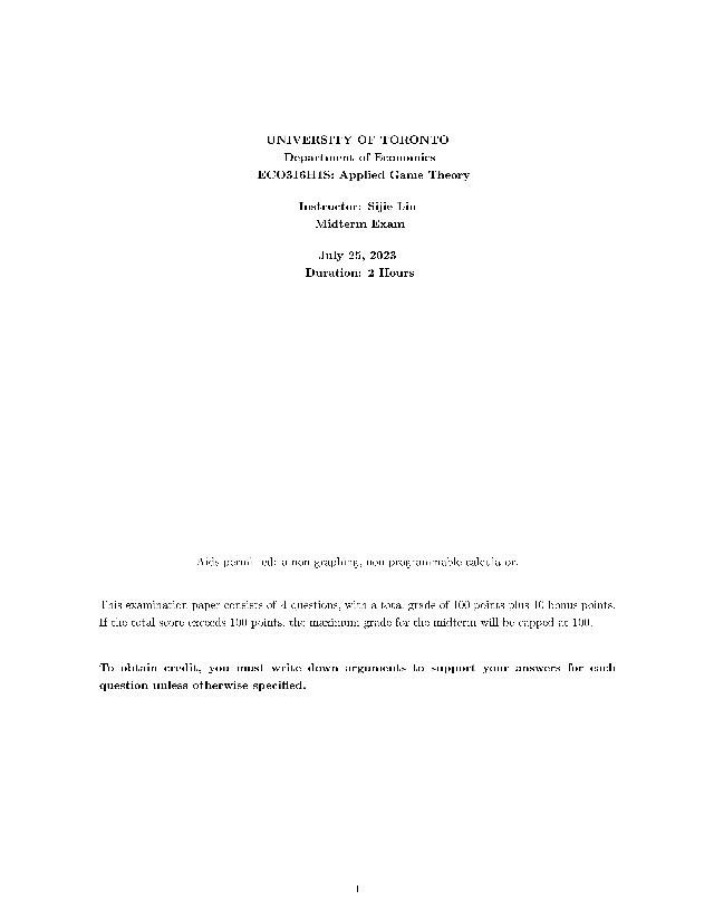 Applied Game Theory Midterm Exam