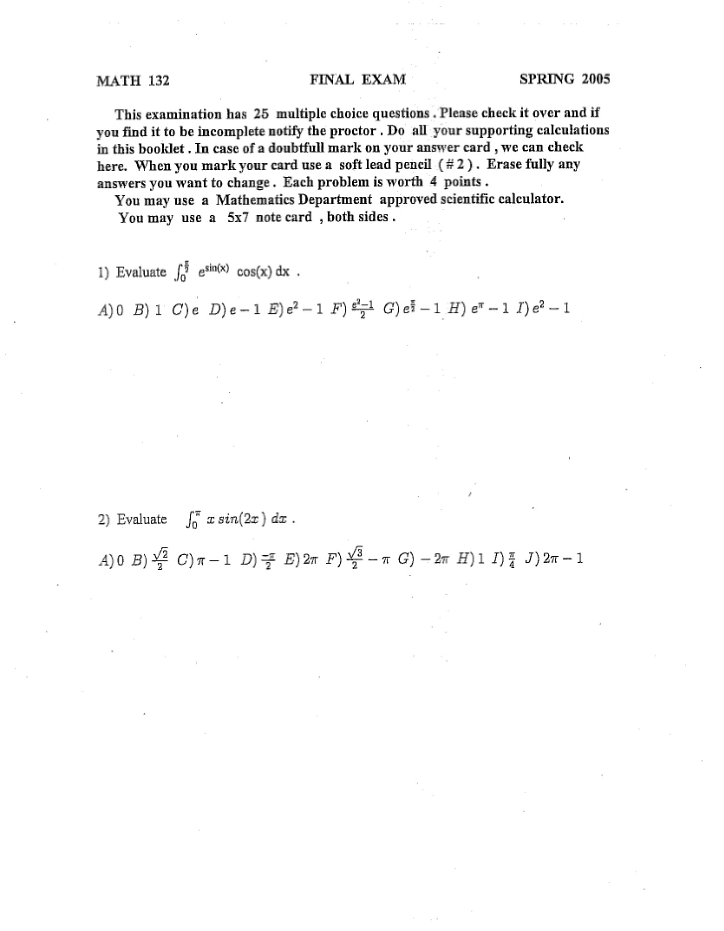 Final Exam Questions (Spring 2005)