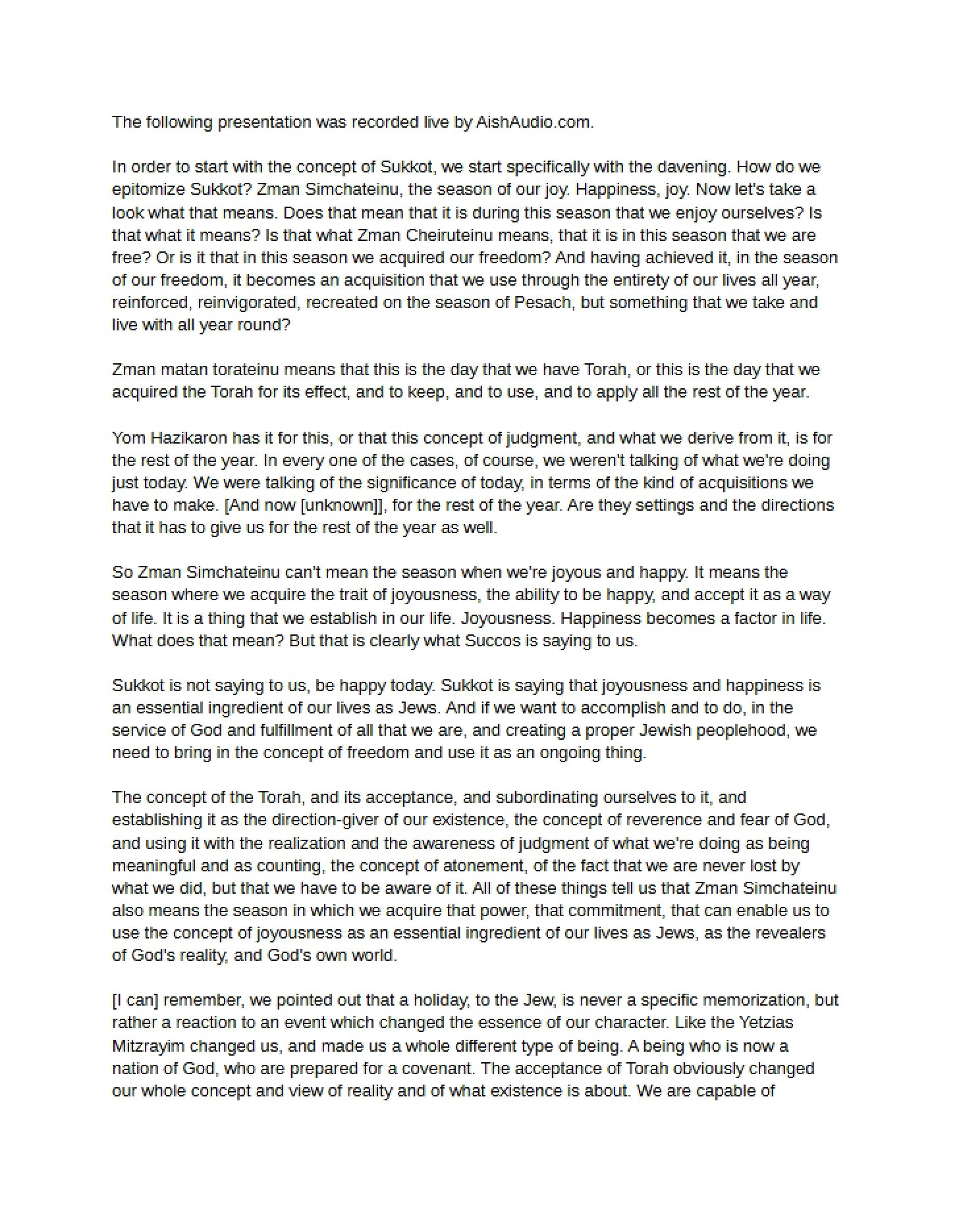 Rav Weinberg on Sukkot