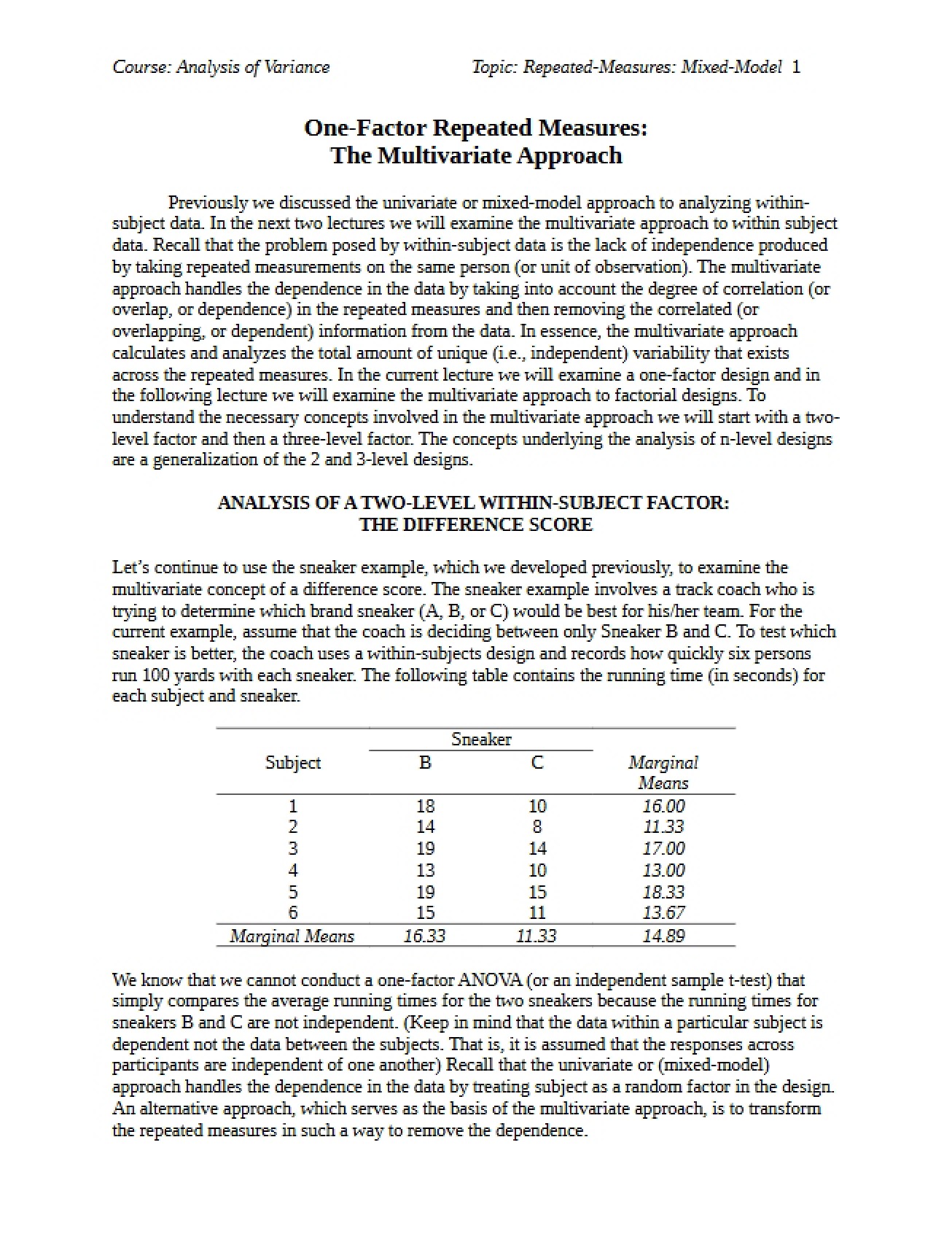 Repeated Multivariate (One Factor)