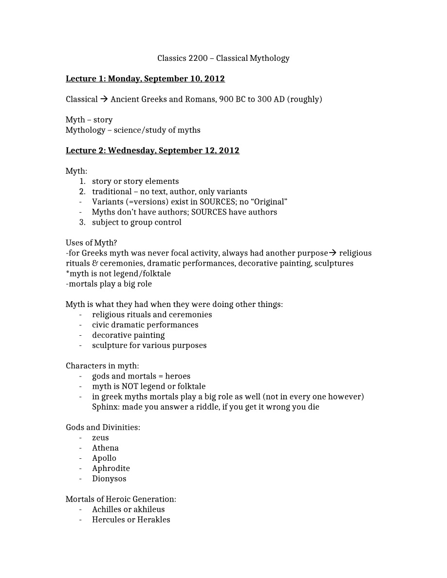 CLASSICS 2200 - Classical Mythology Notes