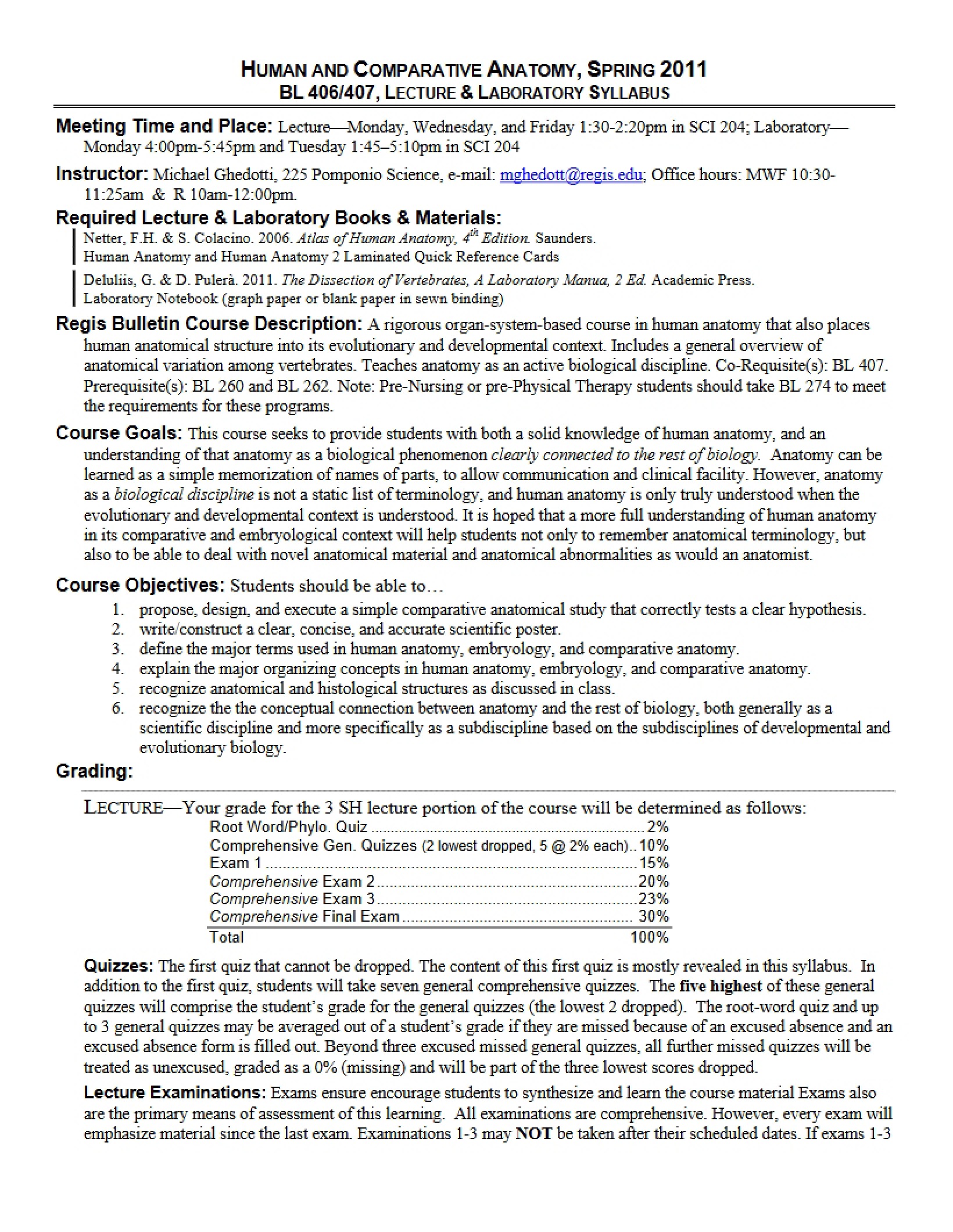 Syllabus for Human and Comparative Anatomy