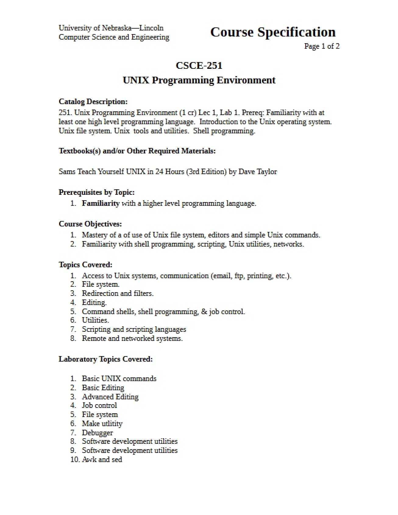 Syllabus for UNIX Programming Environment