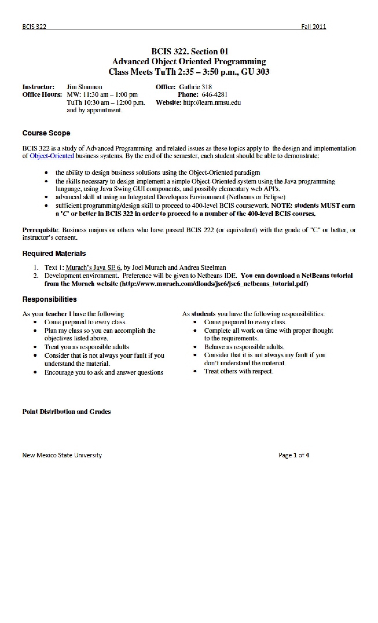 Advanced Object-Oriented Programming Syllabus from Fall 2010 by Dr. Jim Shannon