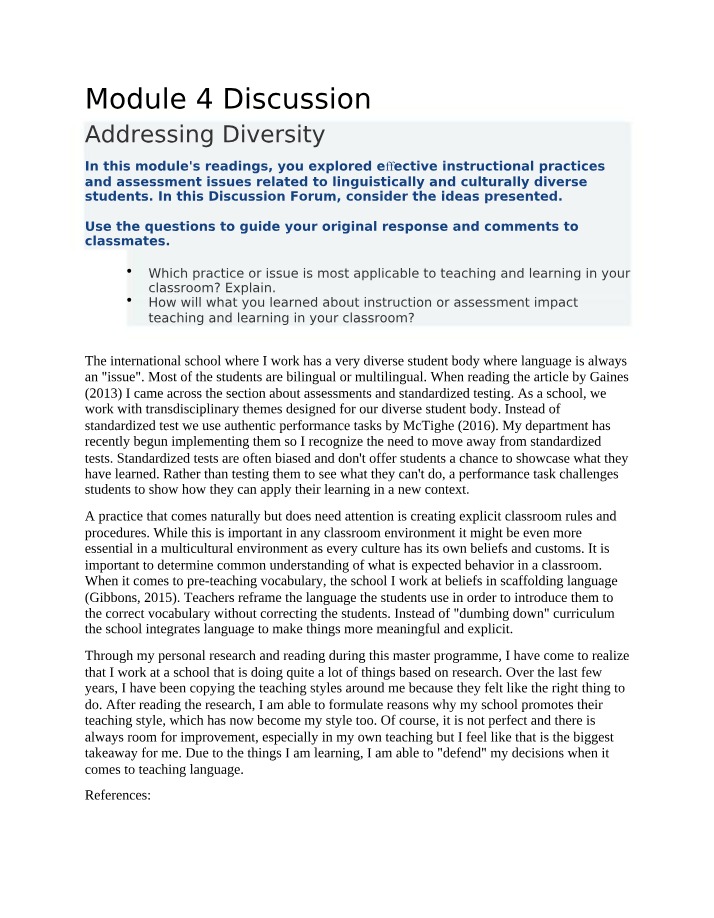 Effective Instructional Practices for Addressing Diversity