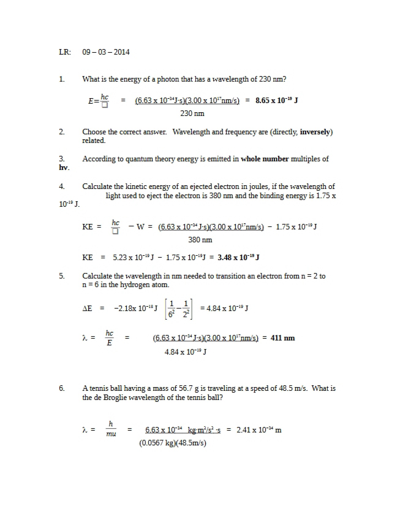 Learning Record from September 3, 2014 with Answers