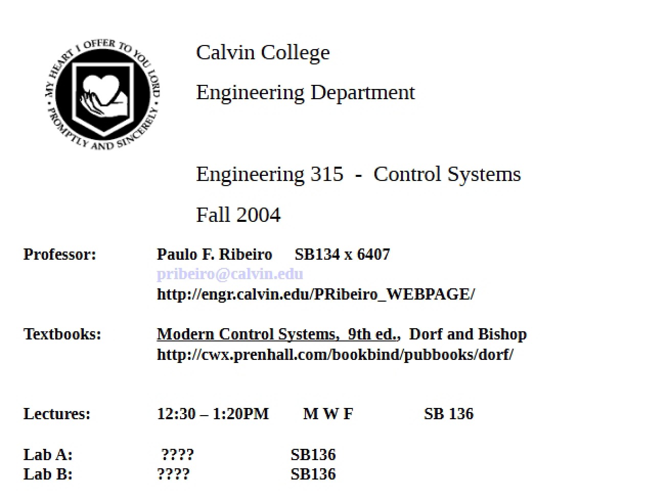 Course Syllabus Control Systems