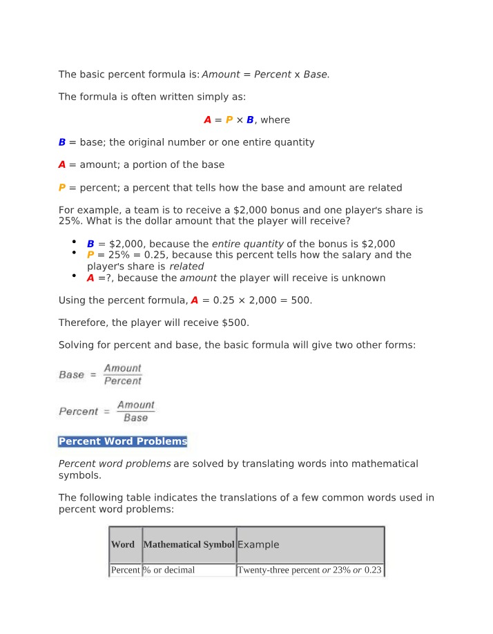 Calculating the Amount When Base and Percent Are Known