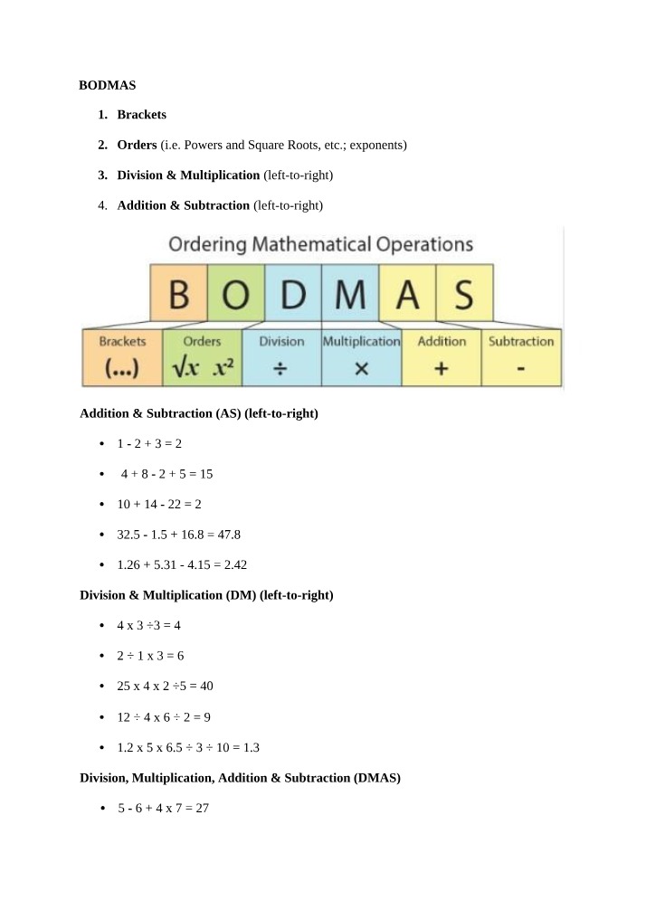 Worksheet on BODMAS