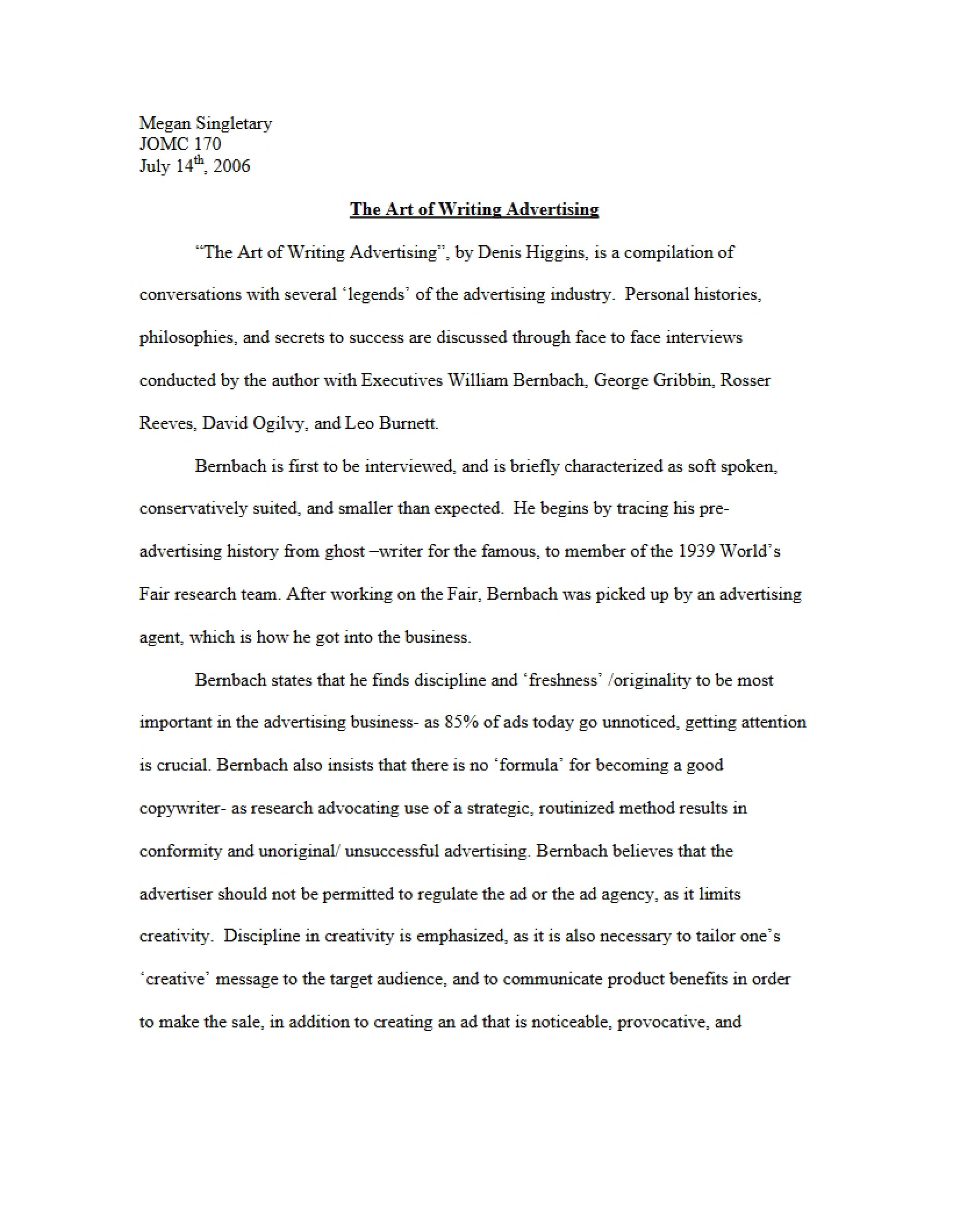 Writing Advertising An Art