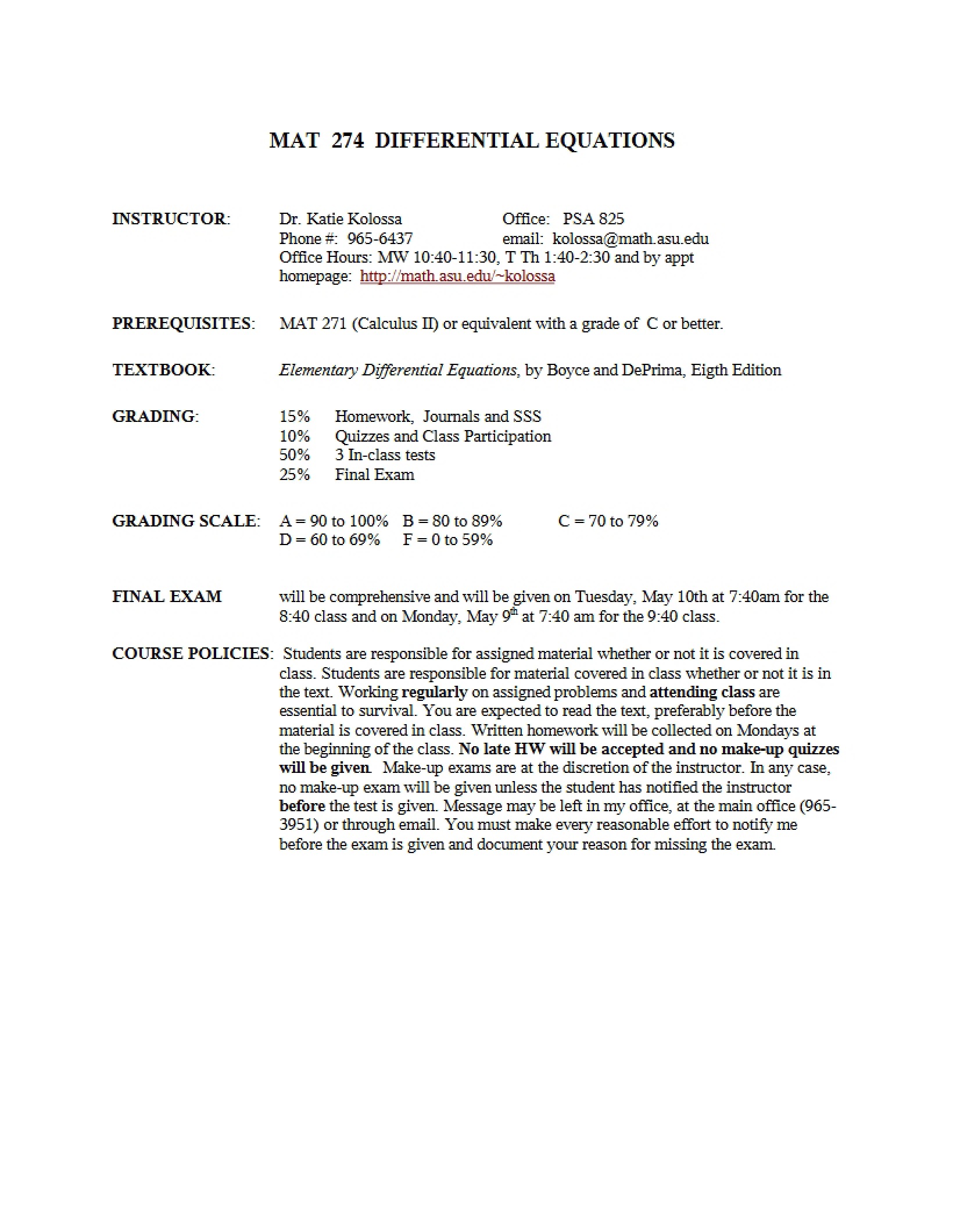 Elementary Differential Equations Syllabus