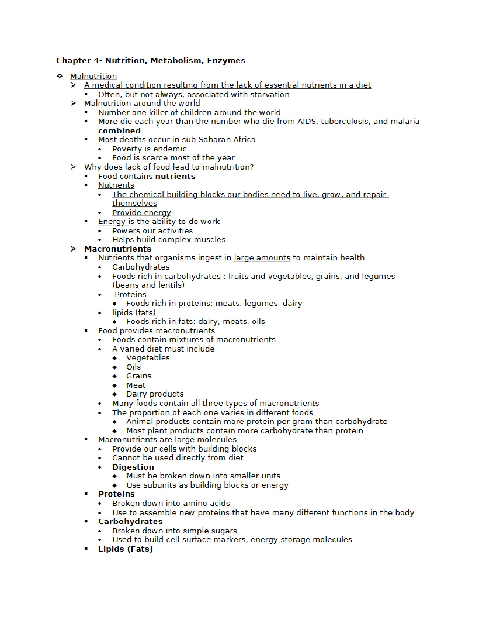 Metabolism, Enzymes, and Nutrition (Ch 4)