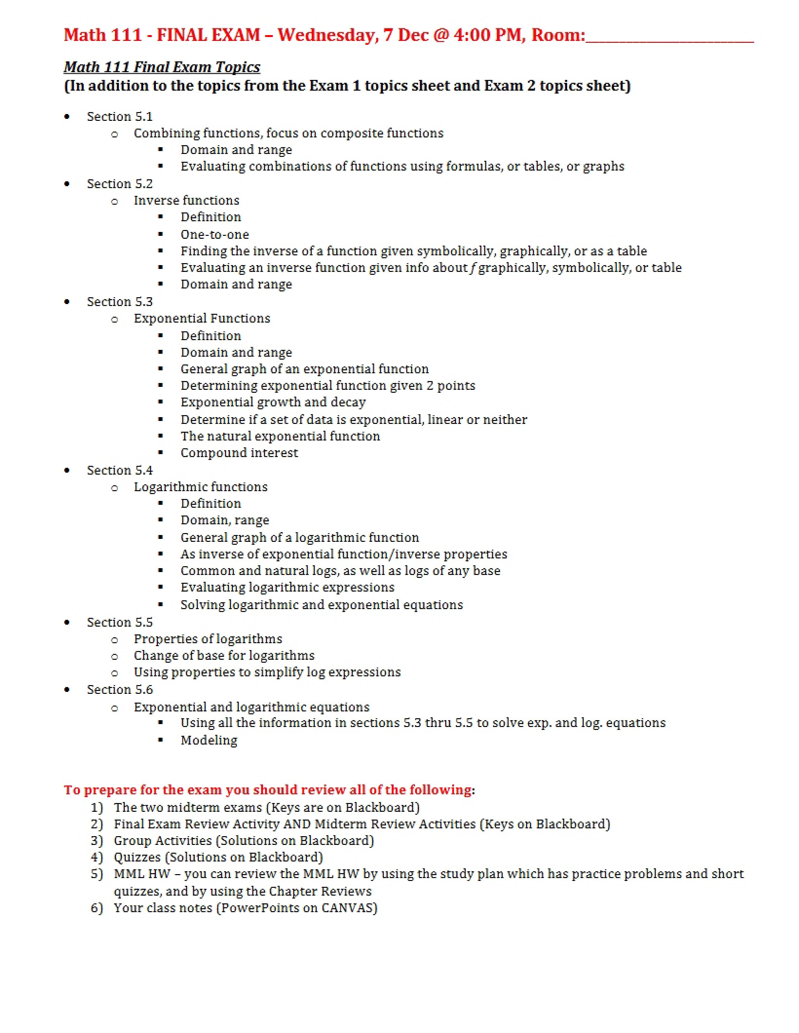 Topics for Final Examination