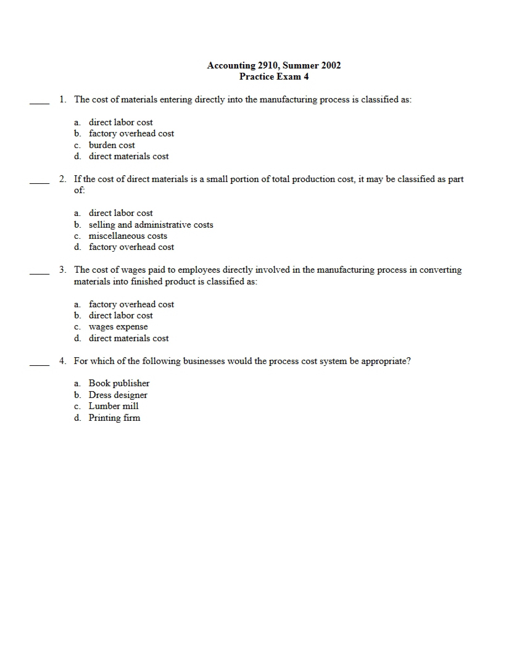 Accounting Fundamentals Practice Test 4