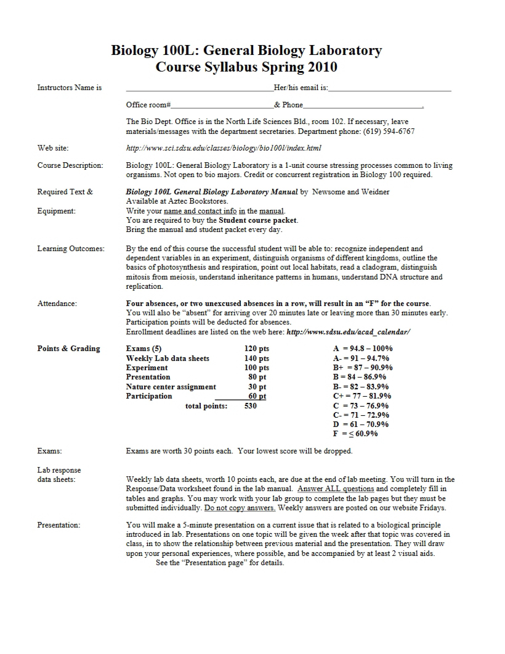 Syllabus for BIOL 100L