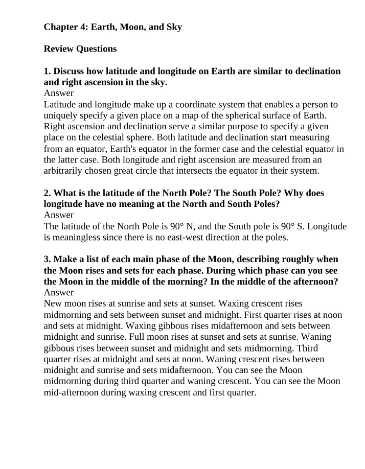 Review Questions for Chapter 4 - Earth, Moon, and Sky