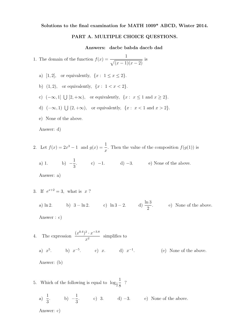 Final Exam Solutions - MATH 1009 ABCD Winter 2014