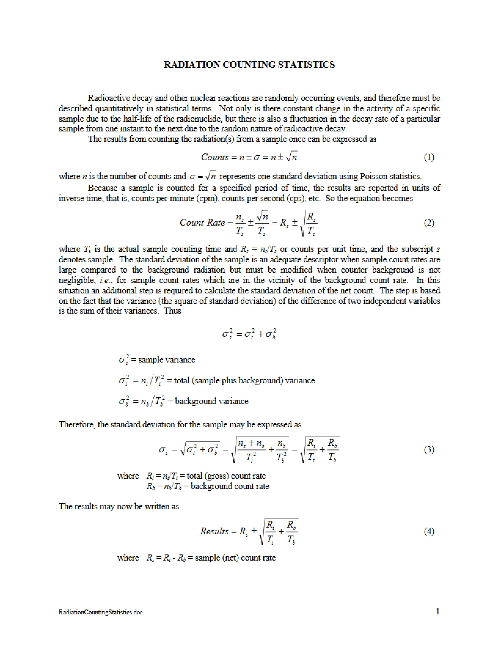 Statistics for Radiation Counting