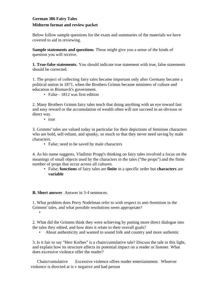 Midterm Review and Sample Questions for German 386 Fairy Tales