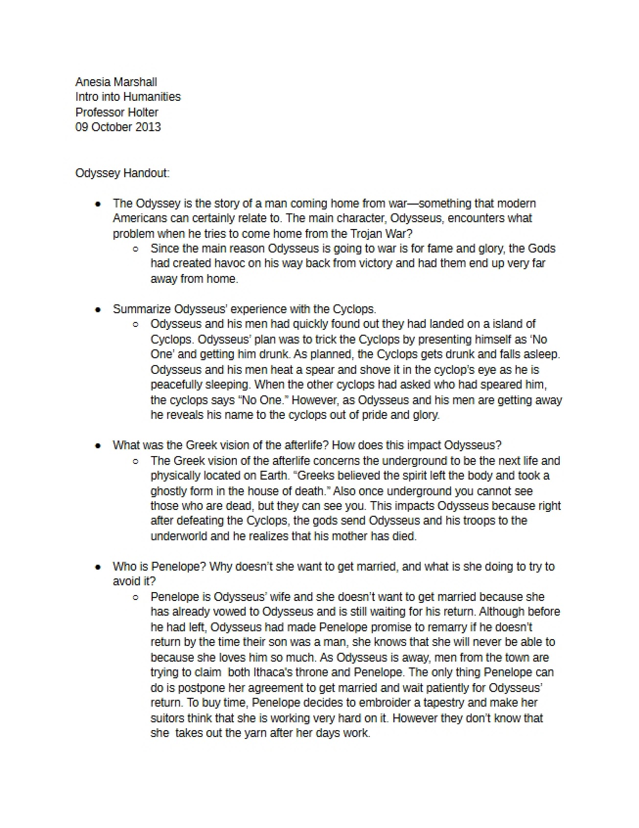 Handout on The Odyssey - ENC 1101