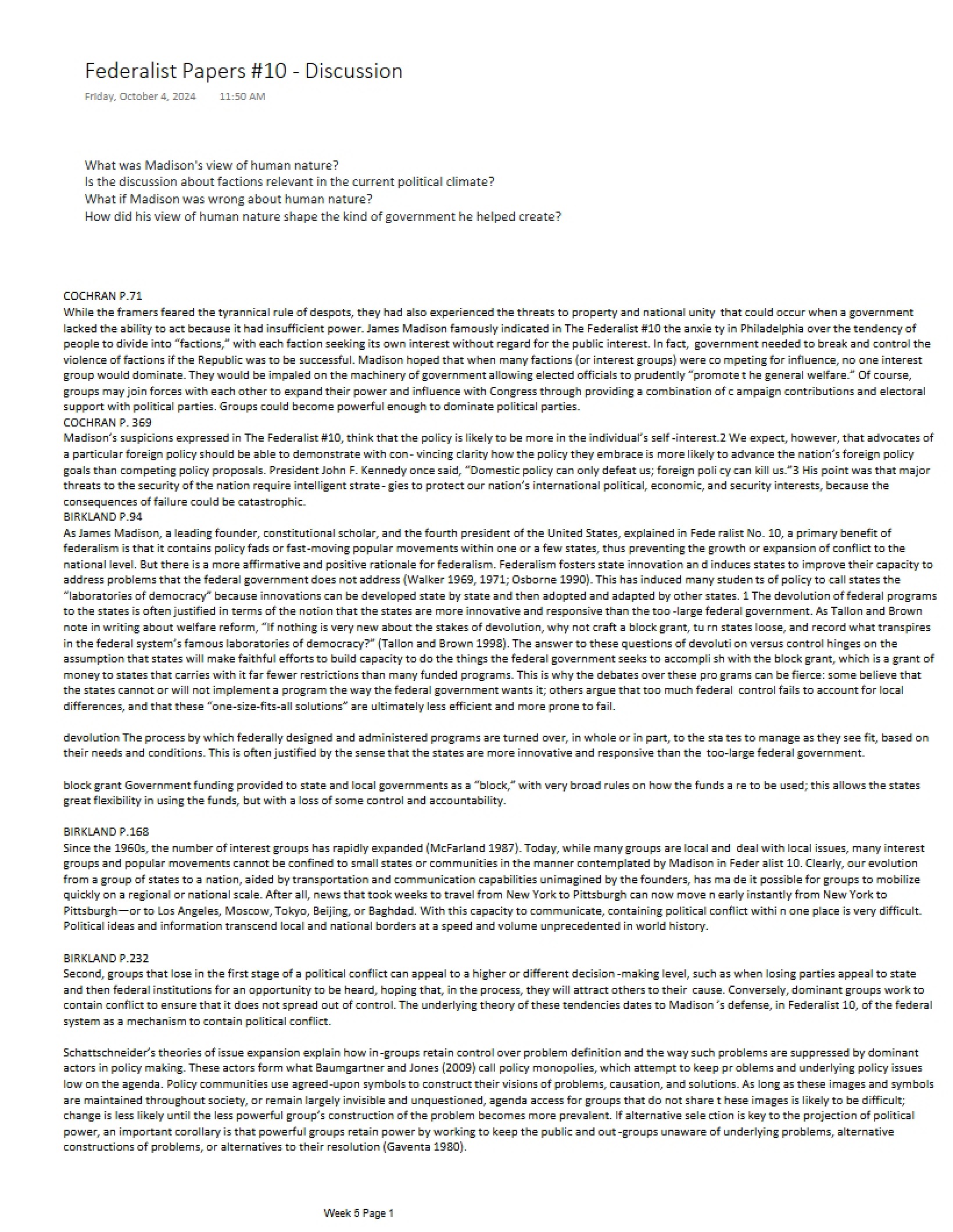 Discussion on Federalist Paper 10