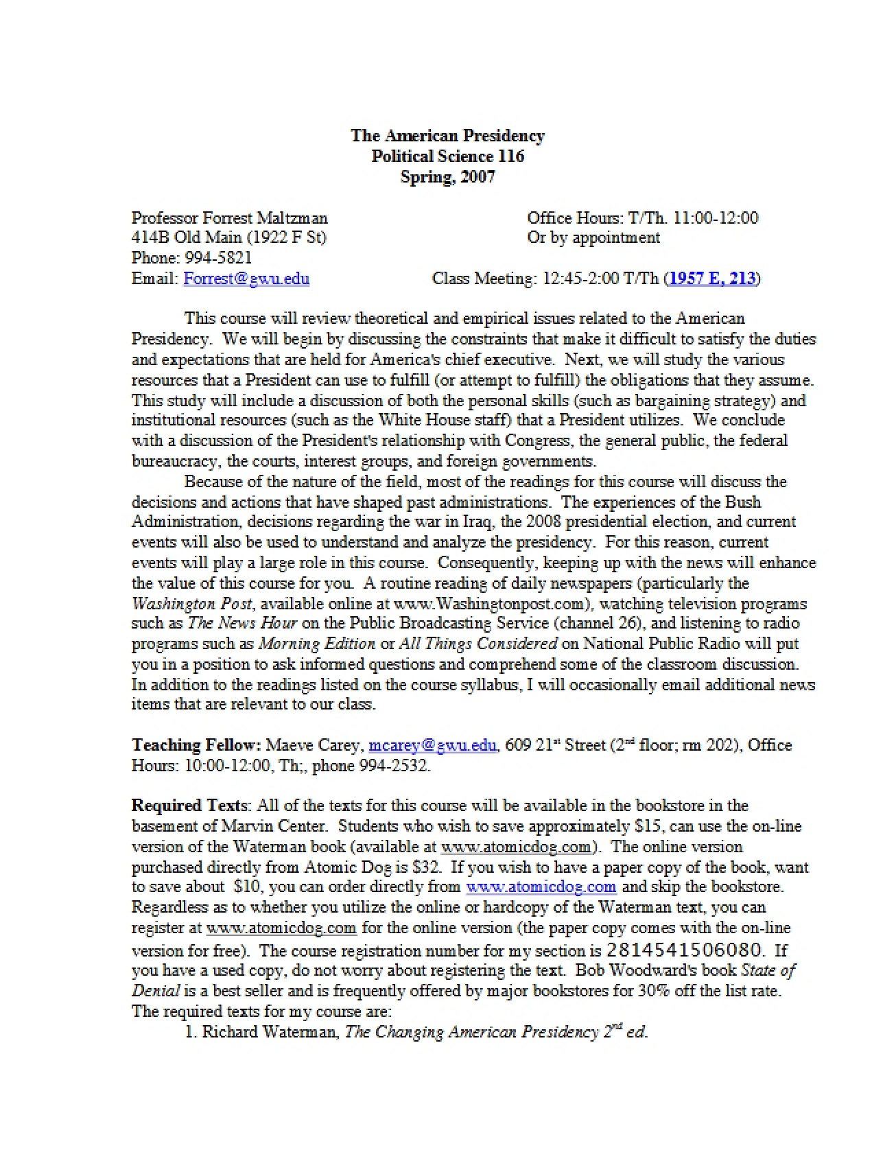 Course Syllabus The American Presidency
