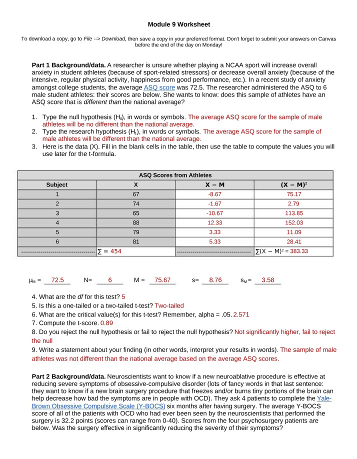 Analyzing Anxiety and OCD Symptoms - Module 9 Worksheet