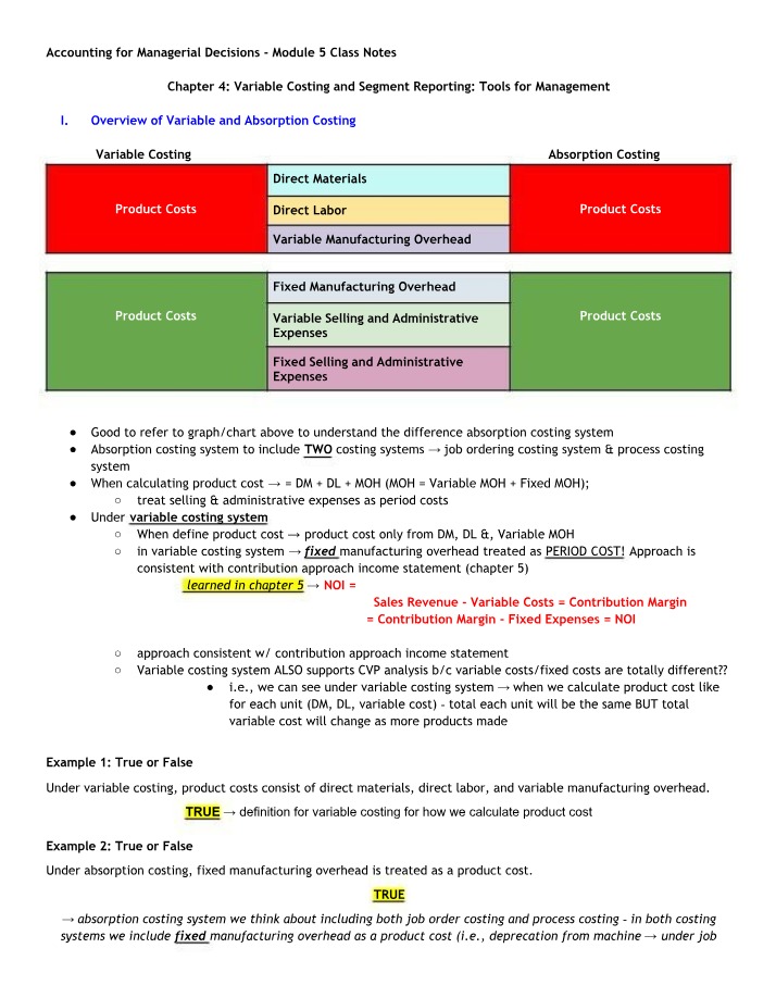 Class Notes - Absorption vs Variable Costing