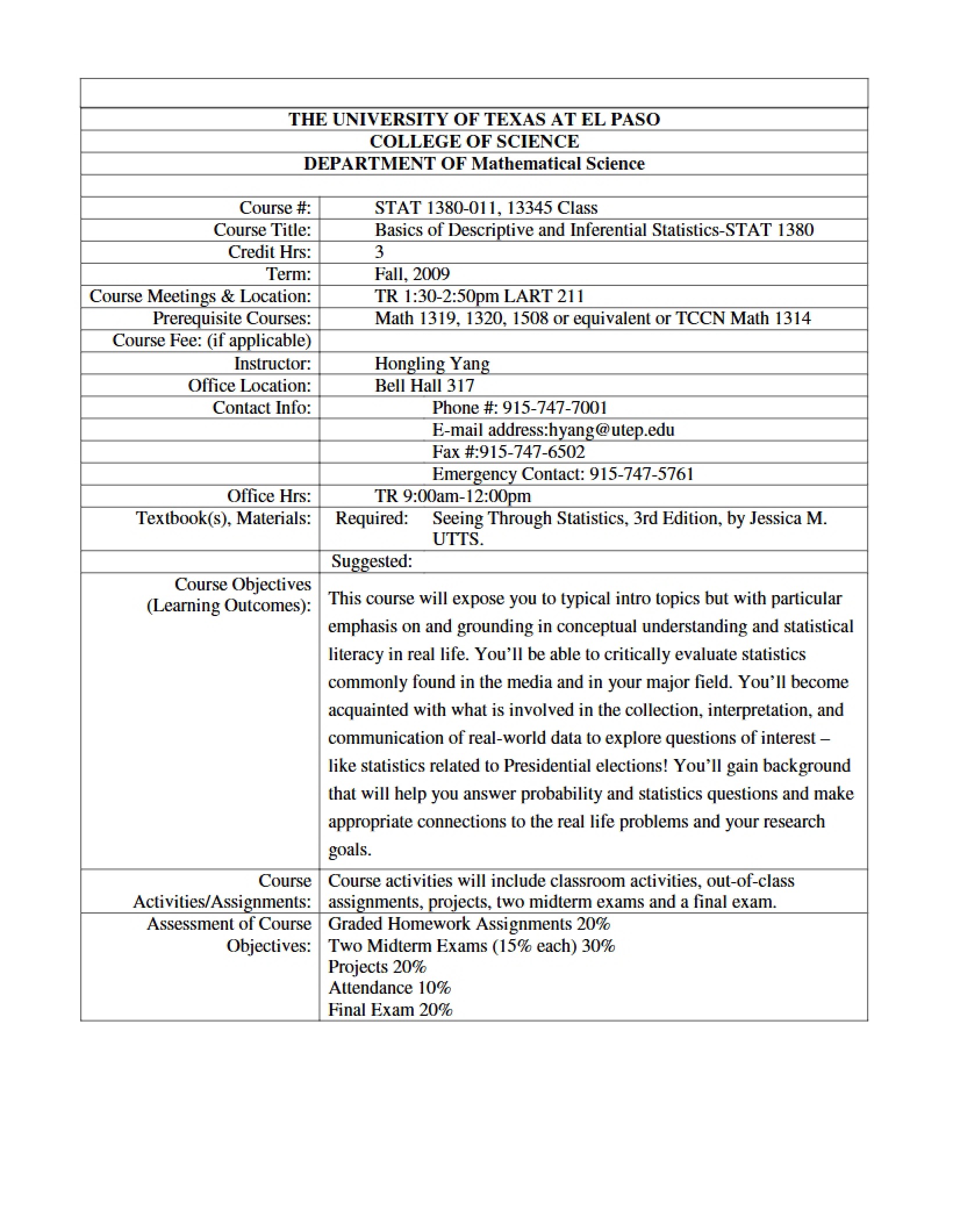 Intro to Statistics Syllabus