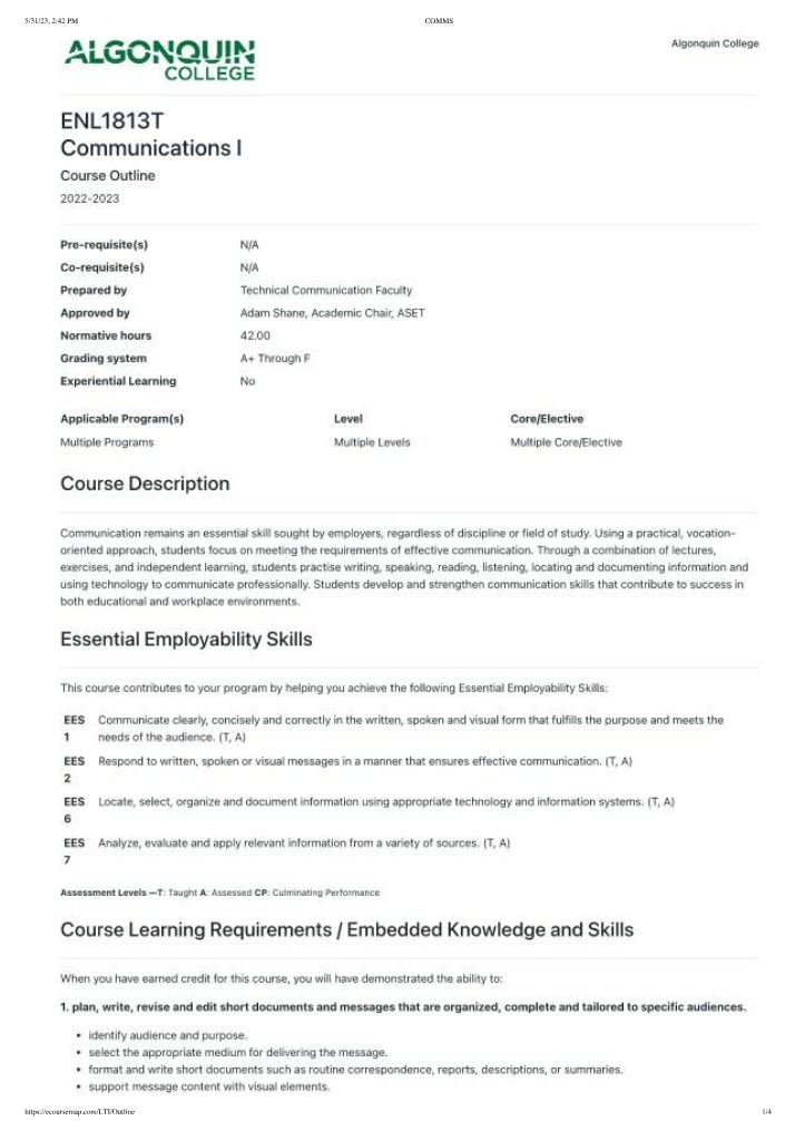 Course Outline for ENL1813T Communications I