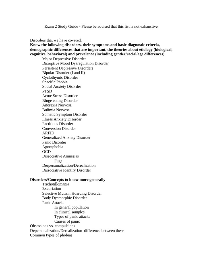 Study Guide on Disorders, Symptoms, and Treatments