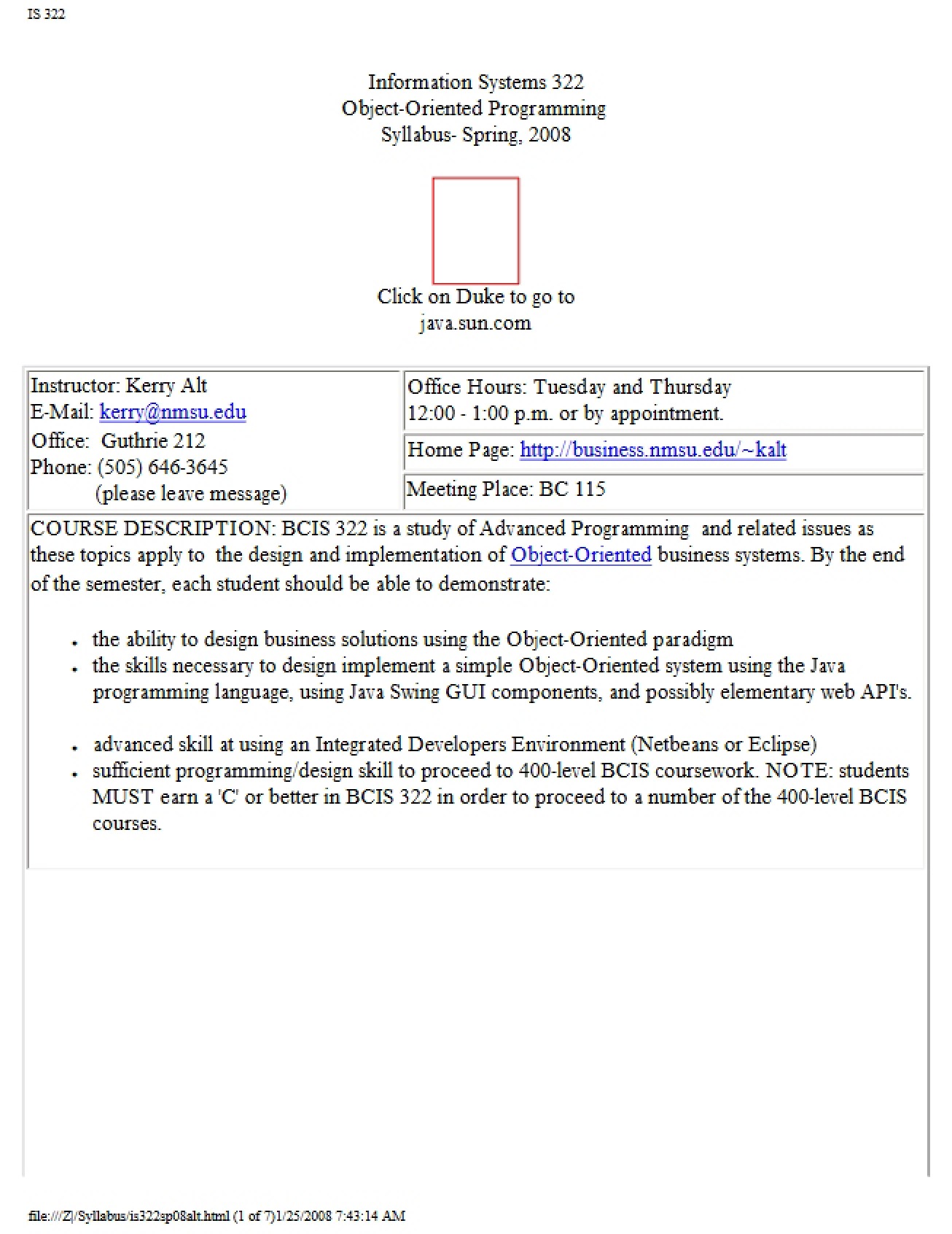 Intermediate Object-Oriented Programming Syllabus from Spring 2008 by Dr. Kerry Alt