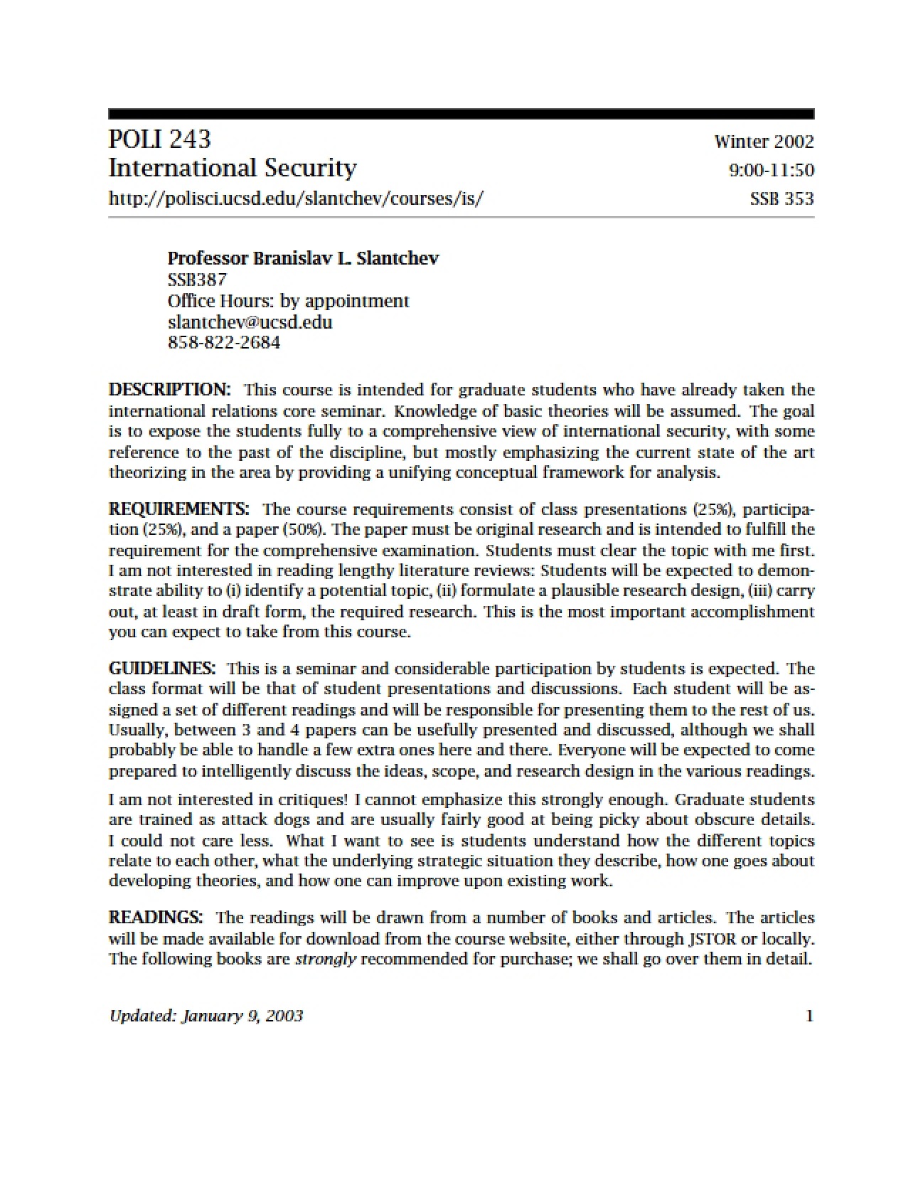 Global Security Studies Syllabus