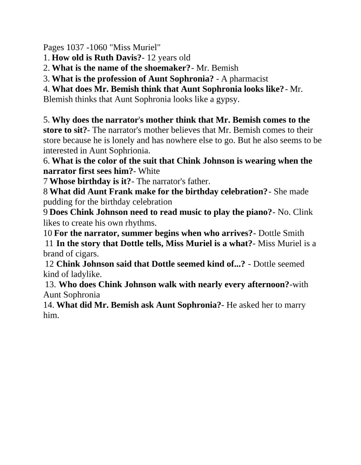 Comprehension Questions for 'Miss Muriel'