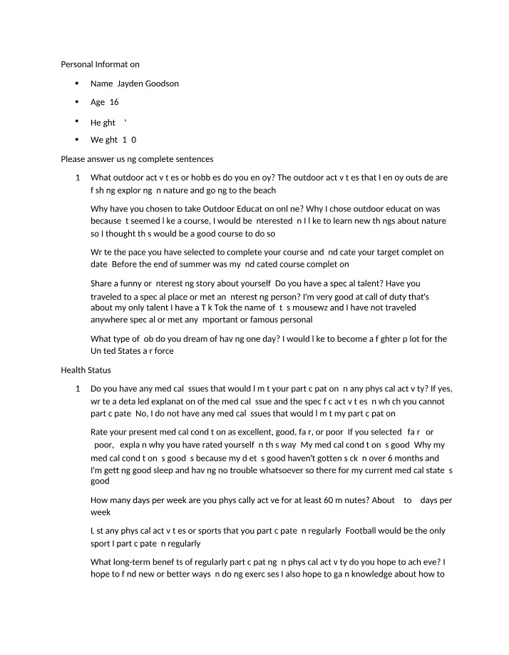 Questionnaire for Outdoor Education