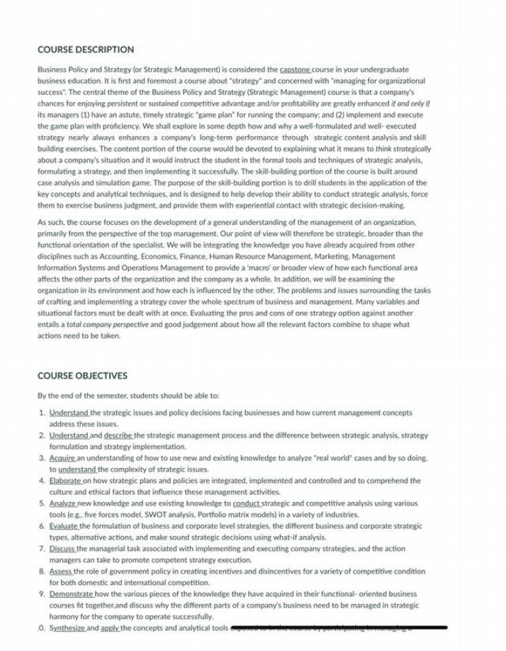 Business Policy and Strategy - Course Description and Objectives