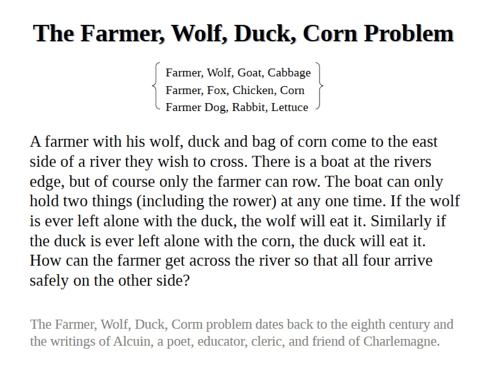Farmer, Wolf, Duck, and Corn Puzzle