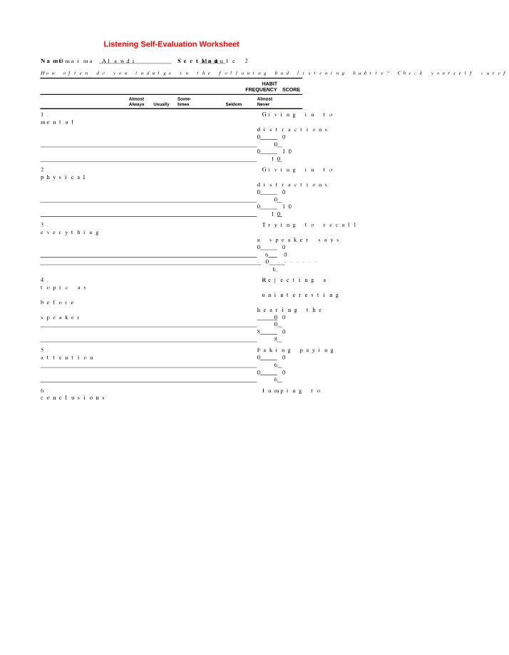Listening Worksheet - Self-Evaluation