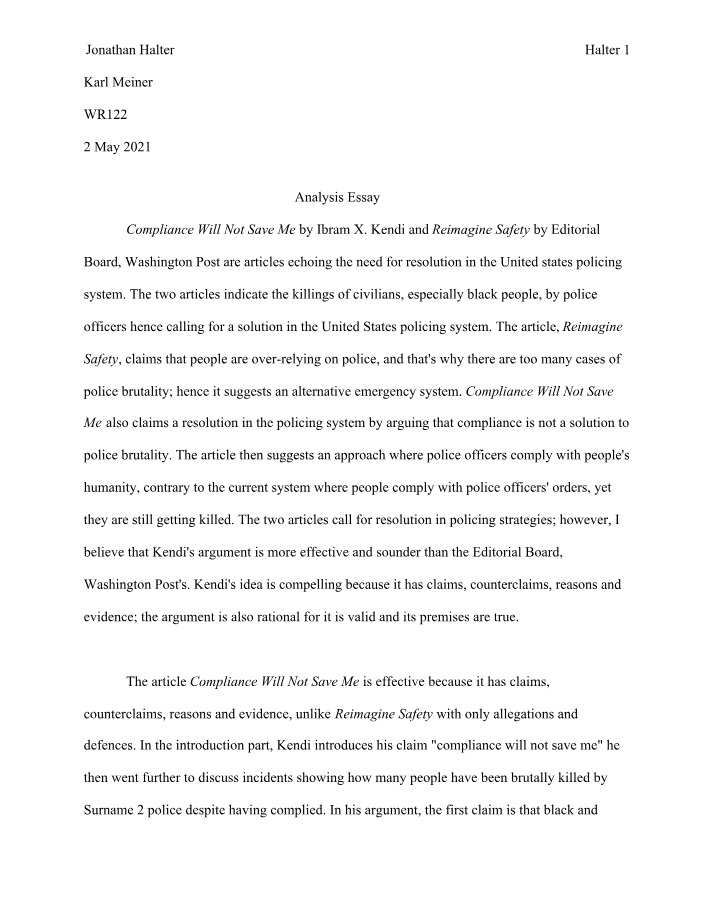 Analysis Essay - Compliance Will Not Save Me and Reimagine Safety