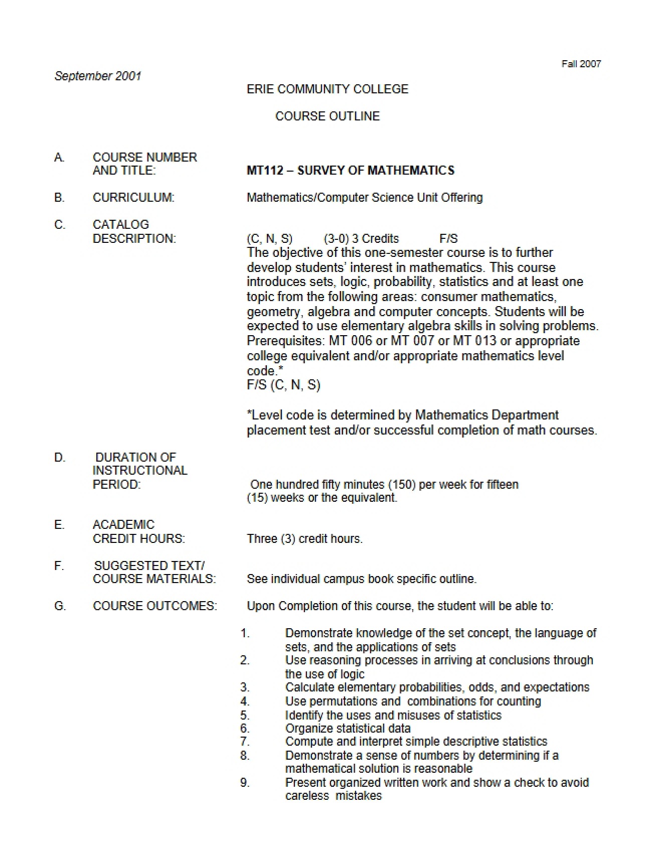 Survey of Mathematics Syllabus