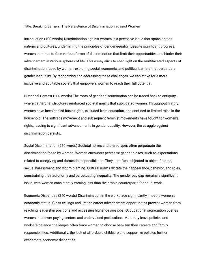 Persistence of Discrimination against Women - Breaking Barriers