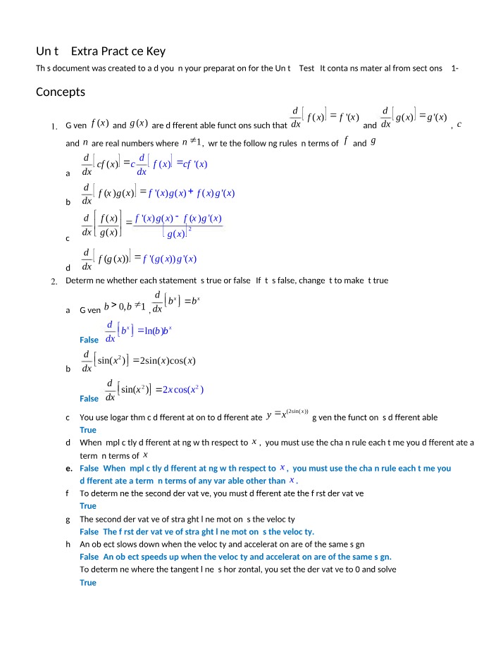 Unit 2 Extra Practice - Answer Key