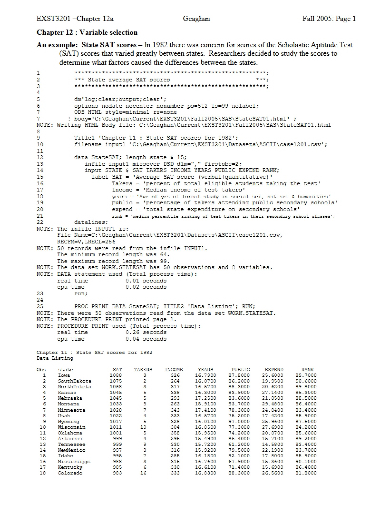 Selection of Variables
