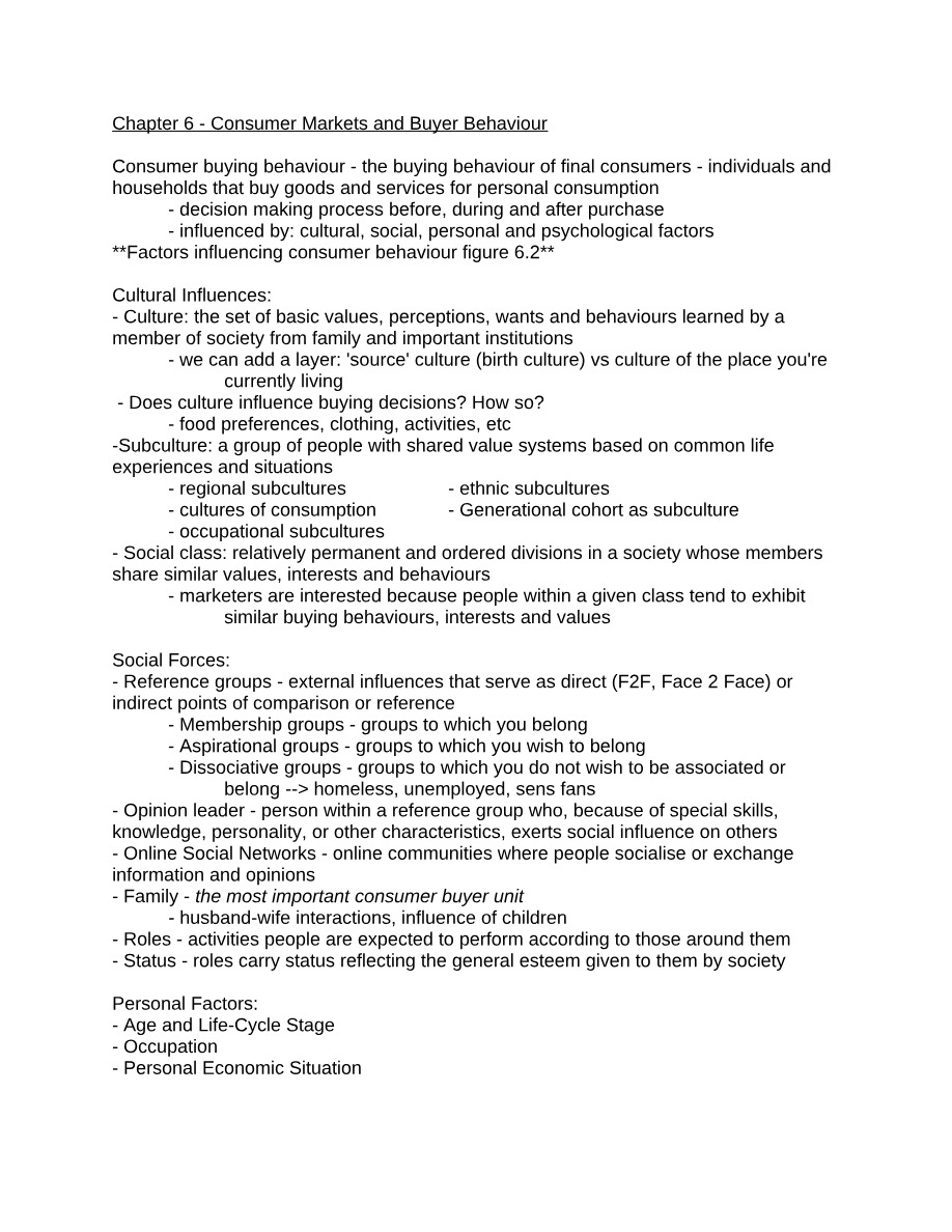 Consumer Markets and Buyer Behaviour - Chapter 6 Notes