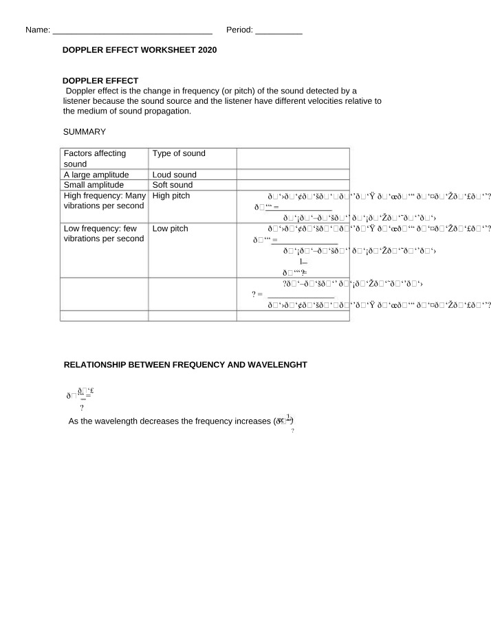 Worksheet on the Doppler Effect (2020)