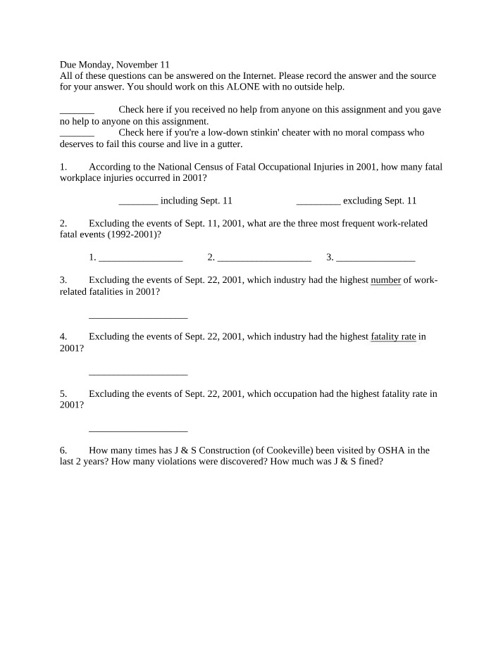 Workplace Fatalities Assignment - 2001 Statistics, Events, and Industries