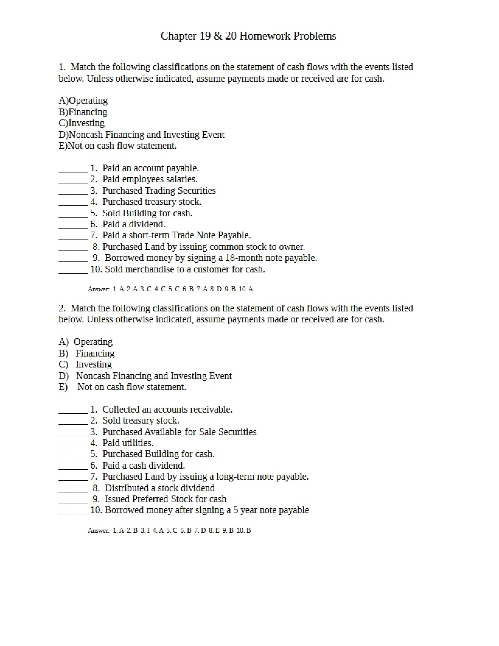 Homework for Chapters 19 and 20