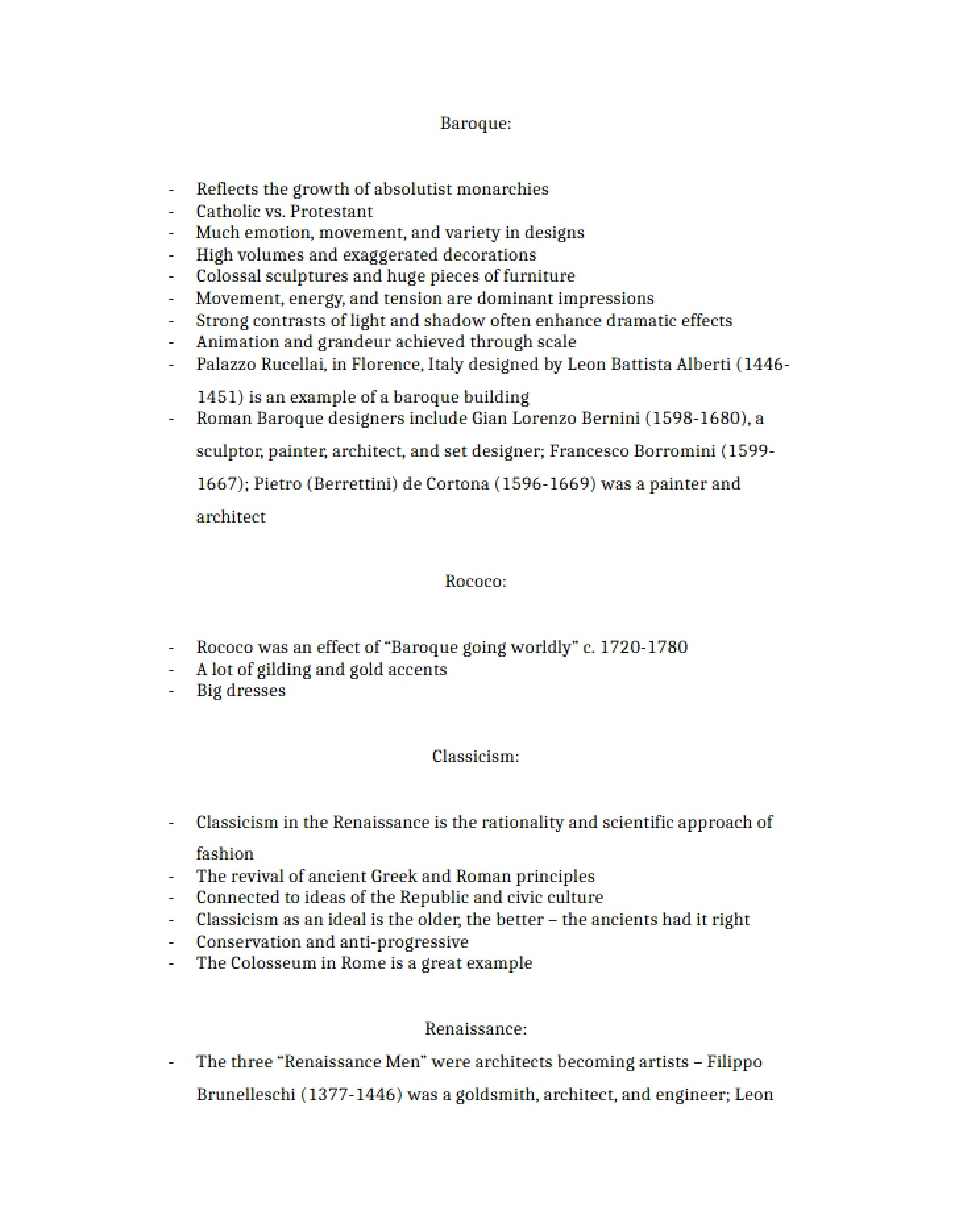 Notes Baroque, Rococo, Classicism, Renaissance