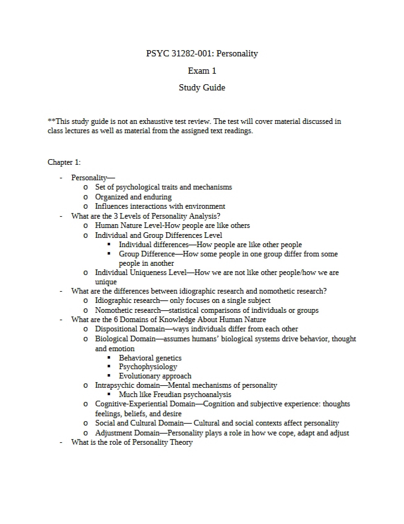 First Examination for Personality Psychology